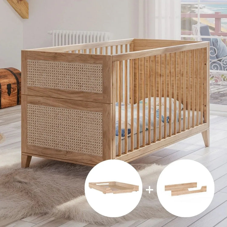 Lit bébé évolutif 70x140 en bois massif et rotin | Nami