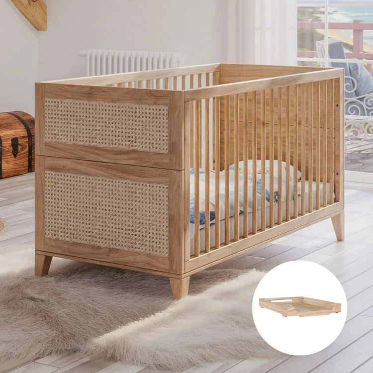 Lit bébé évolutif 70x140 en bois massif et rotin | Nami