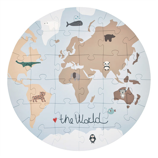 Puzzle rond en carton de 32 pièces représentant le monde et les animaux de chaque continent. Idée cadeau pour enfant de 3 ans et plus.