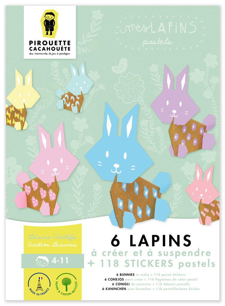 Activité Paques enfant maternelle : kit créatif, 6 lapins en papier et cartons, stickers pour personnalisés. Fabriqué en France. Une idée cadeau écoresponsable dès 4 ans.