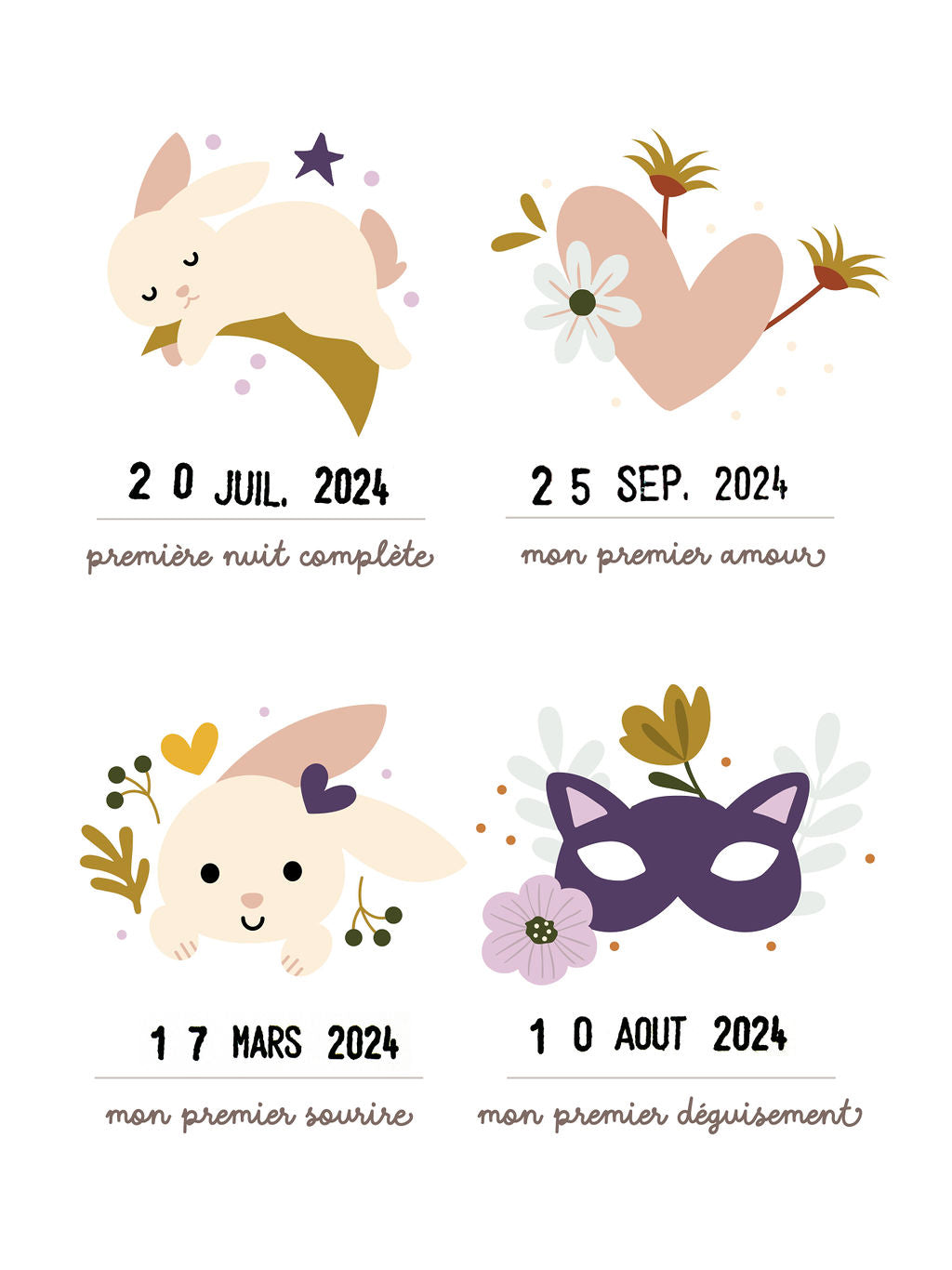 Affiche des premières fois de bébé avec motif lapin. Imprimée en France.