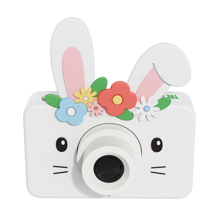 Appareil photo numérique lapin pour enfant – vue avant avec housse en silicone et fleurs