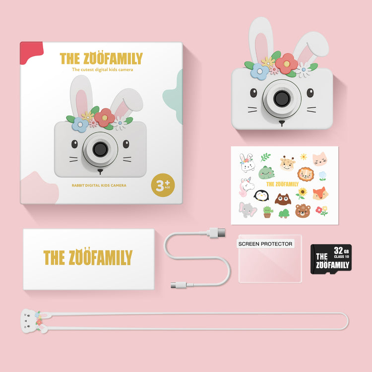 Contenu de la boîte – appareil photo numérique lapin pour enfant, accessoires et carte mémoire 32 Go