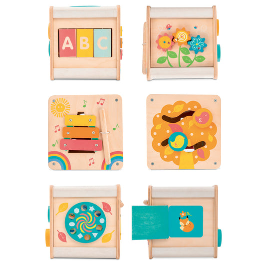 Cube multi activités en bois. 6 faces avec de multiples jeux plein de couleurs pour développer motricité fine, dextérité et coordination tout en s'amusant : ABC, engrenages, mini xylophone, roue, coucou caché.