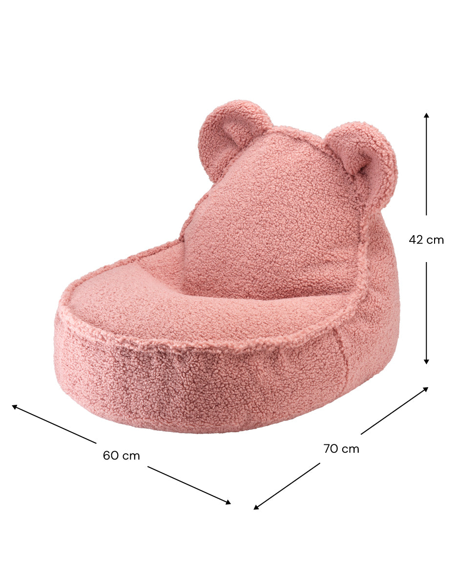 Fauteuil enfant rose en peluche teddy doux et confortable. Ecoresponsable avec tissu certifié OEKO-TEX®