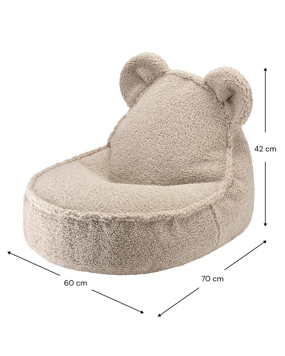 Fauteuil peluche beige pour enfant, déhoussable et facile à entretenir.