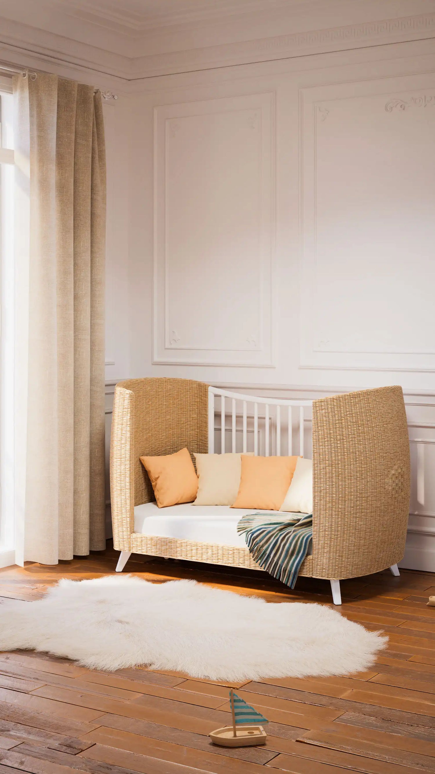 Transformation du lit bébé en rotin évolutif en banquette enfant