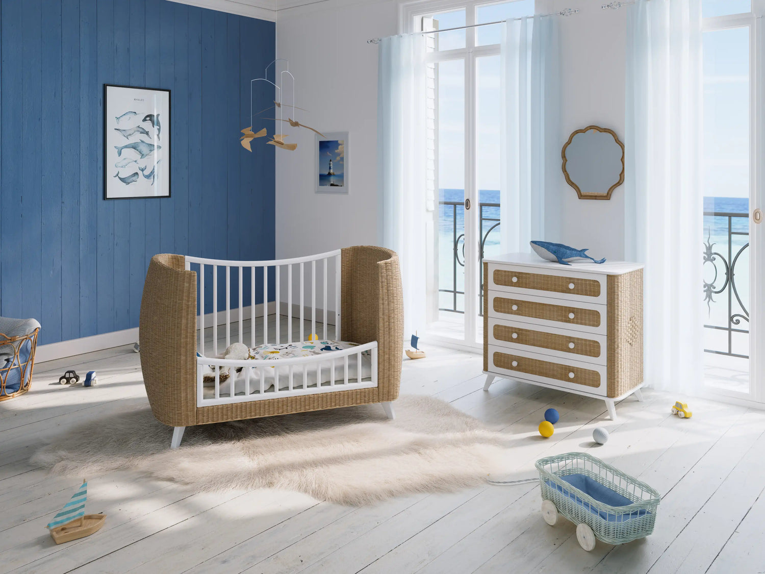  Lit bébé en rotin naturel évolutif dans une ambiance cocooning