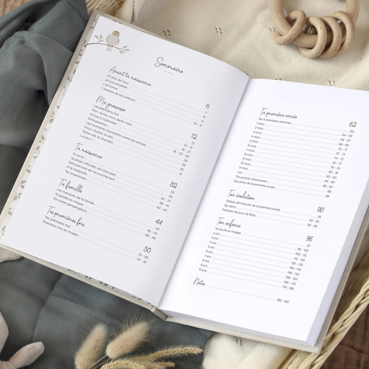 Sommaire du livre de souvenirs enfant Zü "Ton histoire, tes 10 premières années"