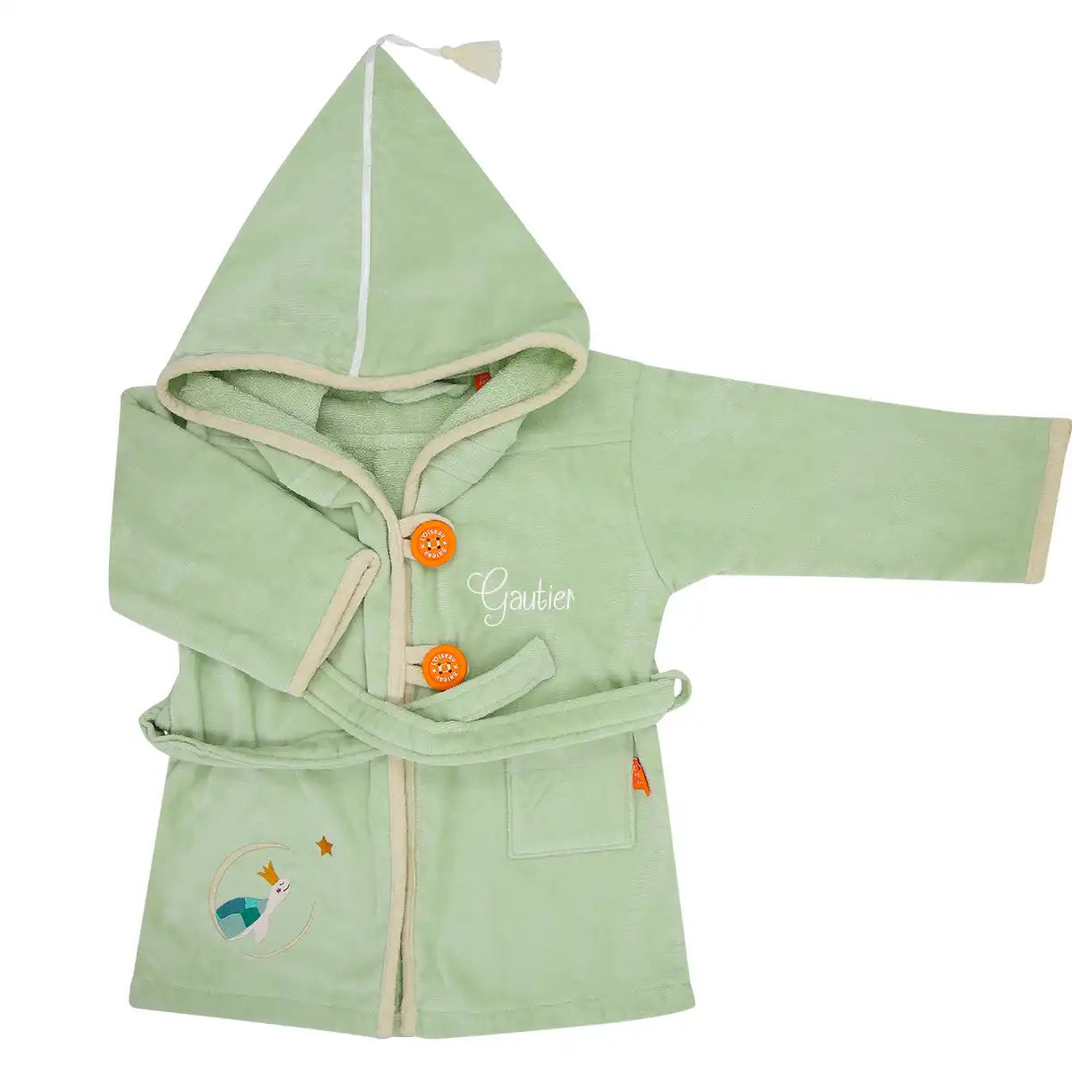 Peignoir de bain bébé avec prénom brodé, motif tortue vert pastel, capuche, personnalisé
