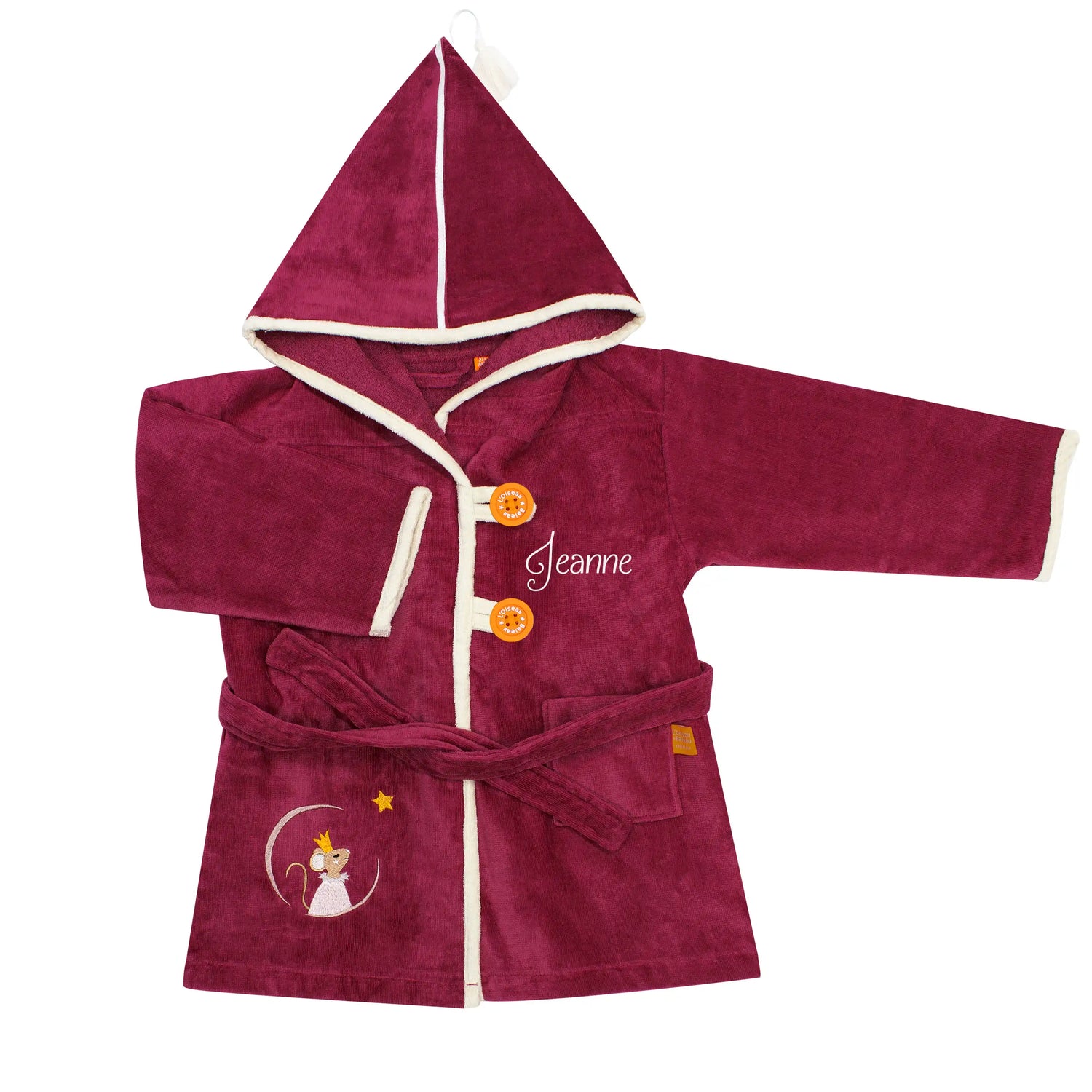 Peignoir enfant en velours Oeko-Tex avec prénom brodé, capuche et ceinture. Couleur framboise, souris couronnée.