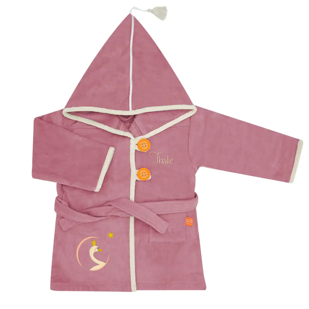 Peignoir enfant en velours Oeko-Tex avec prénom brodé, capuche et ceinture