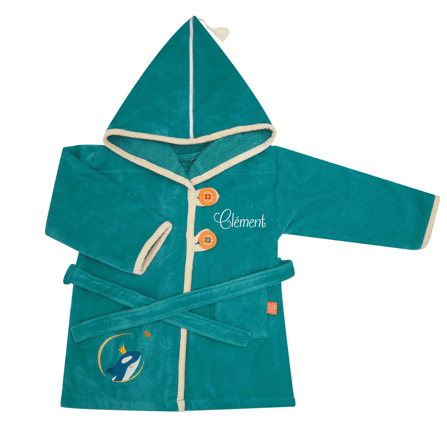 Peignoir bébé personnalisé 2 ans, en éponge velours Oeko-Tex, brodé en France. Bleu océan, baleine couronnée.