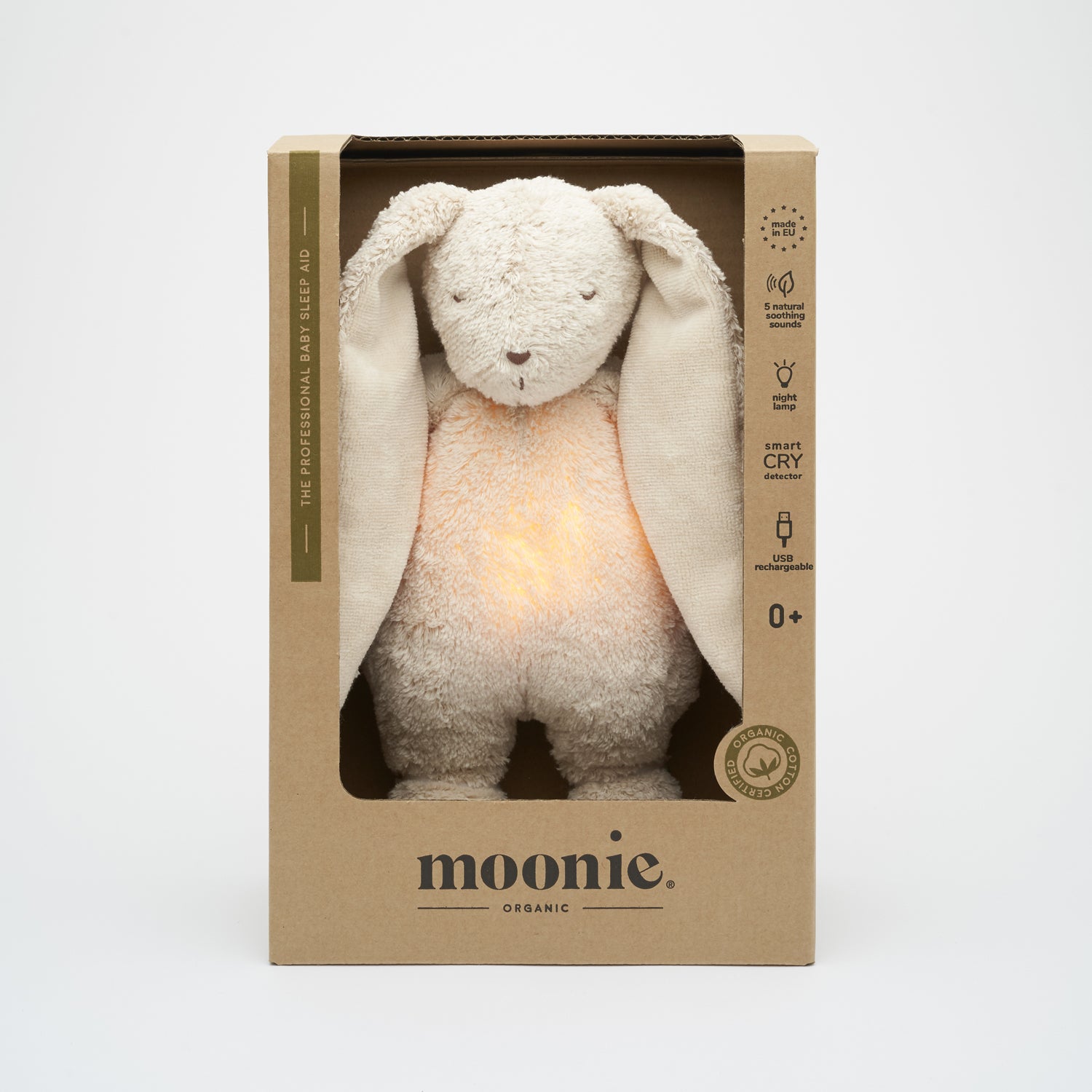 Peluche pour endormir bébé Moonie, lapin beige sable avec veilleuse et sons apaisants.