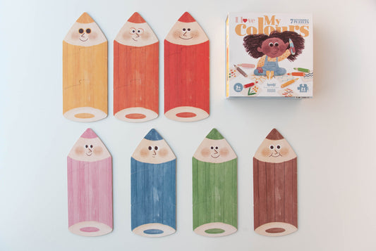 Coffret de sept puzzles éducatifs de 3 pièces chacun représentant des crayons de couleurs. Une idée cadeau idéale pour accompagner l'apprentissage des couleurs afin simplicité et créativité.