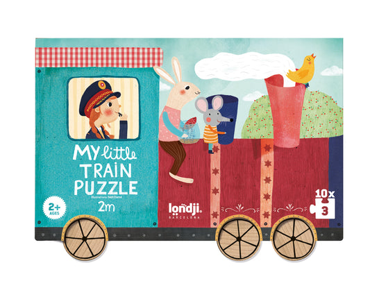 Coffret de puzzles éducatifs à partir de 2 ans. 10 puzzles de 3 pièces qui, assemblés, représentent un petit train pour apprendre les chiffres de 1 à 10. Londji Puzzles écofriendly.