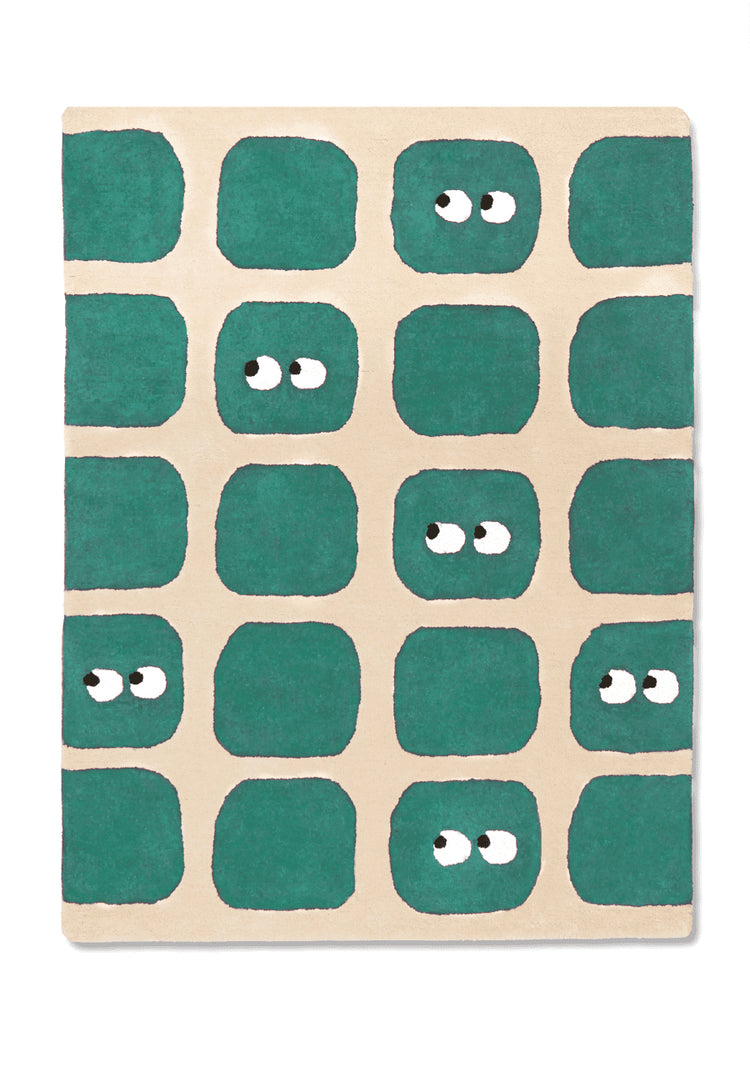 Tapis en coton bio avec motifs amusants pour décorer chambre enfants. Ludique, doux, chaleureux. Coloris Vert et beige. Mixte. 