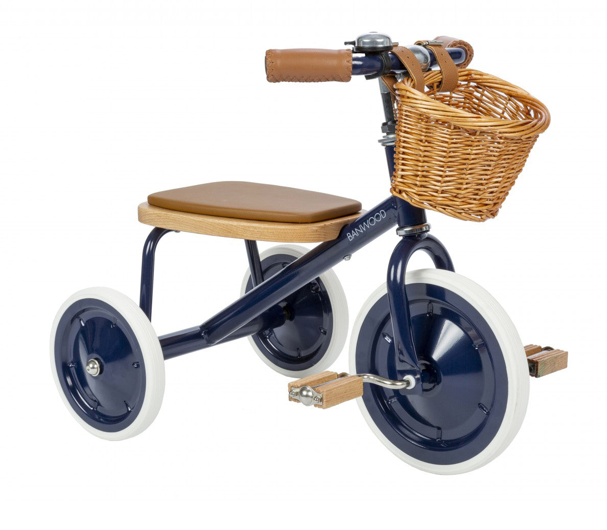 Tricycle en métal vintage Banwood bleu navy avec panier en osier