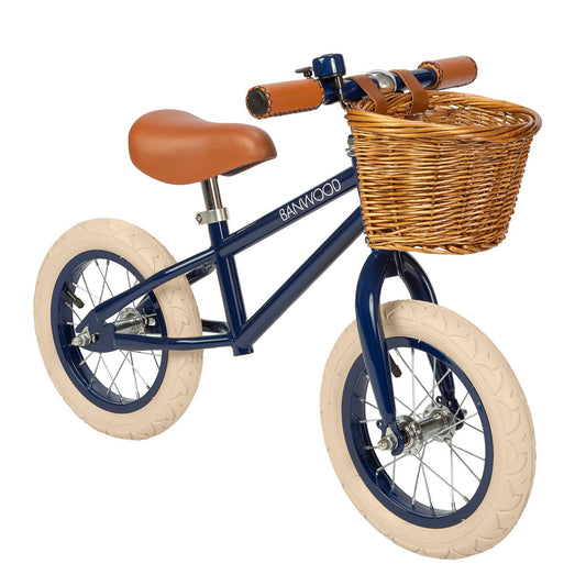 Vélo d'équilibre pour enfant 3 ans, 12 pouces. Selle et guidon ajustable. Panier en osier, sonnette, finitions en cuir vegan.